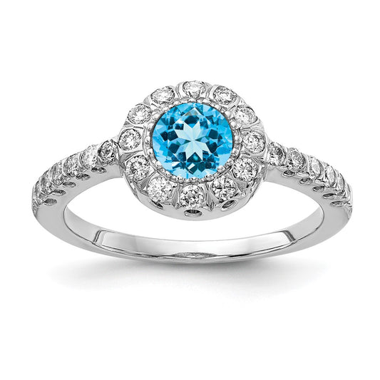 14k White Gold 5mm Blue Topaz Checker AA Real Diamond ring