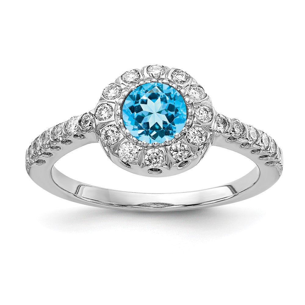 14k White Gold 5mm Blue Topaz Checker AAA Real Diamond ring