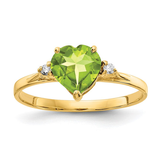 Solid 14k Yellow Gold 7mm Heart Simulated Peridot VS CZ Ring