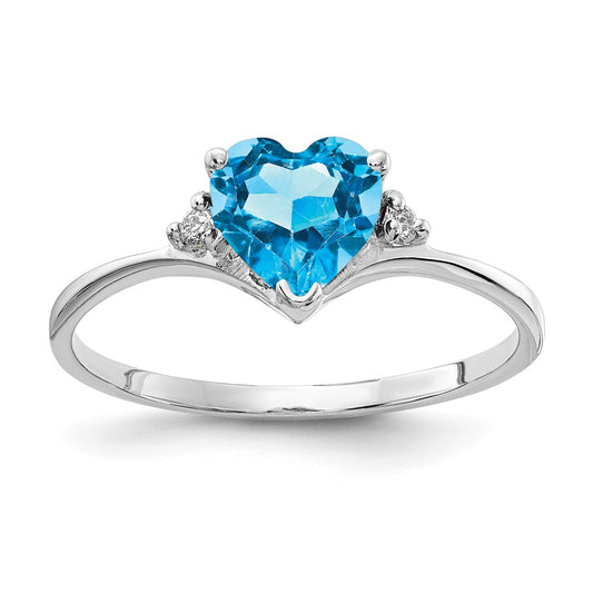 14k White Gold 6mm Heart Blue Topaz AA Real Diamond ring