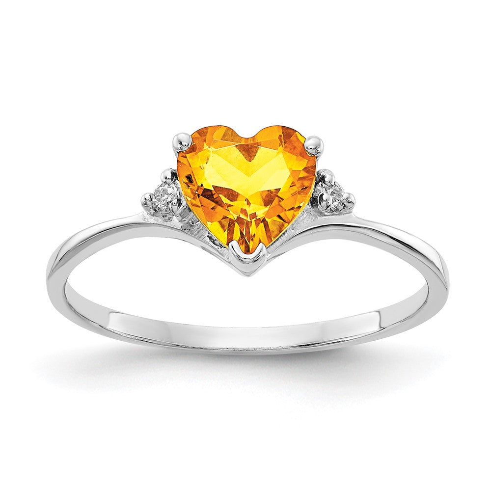 Solid 14k White Gold 6mm Heart Simulated Citrine AAA CZ Ring