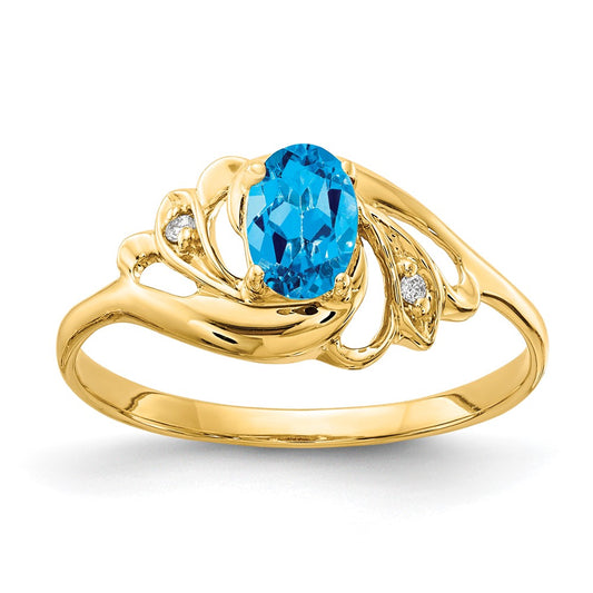 14K Yellow Gold 6x4mm Oval Blue Topaz Checker AA Real Diamond ring