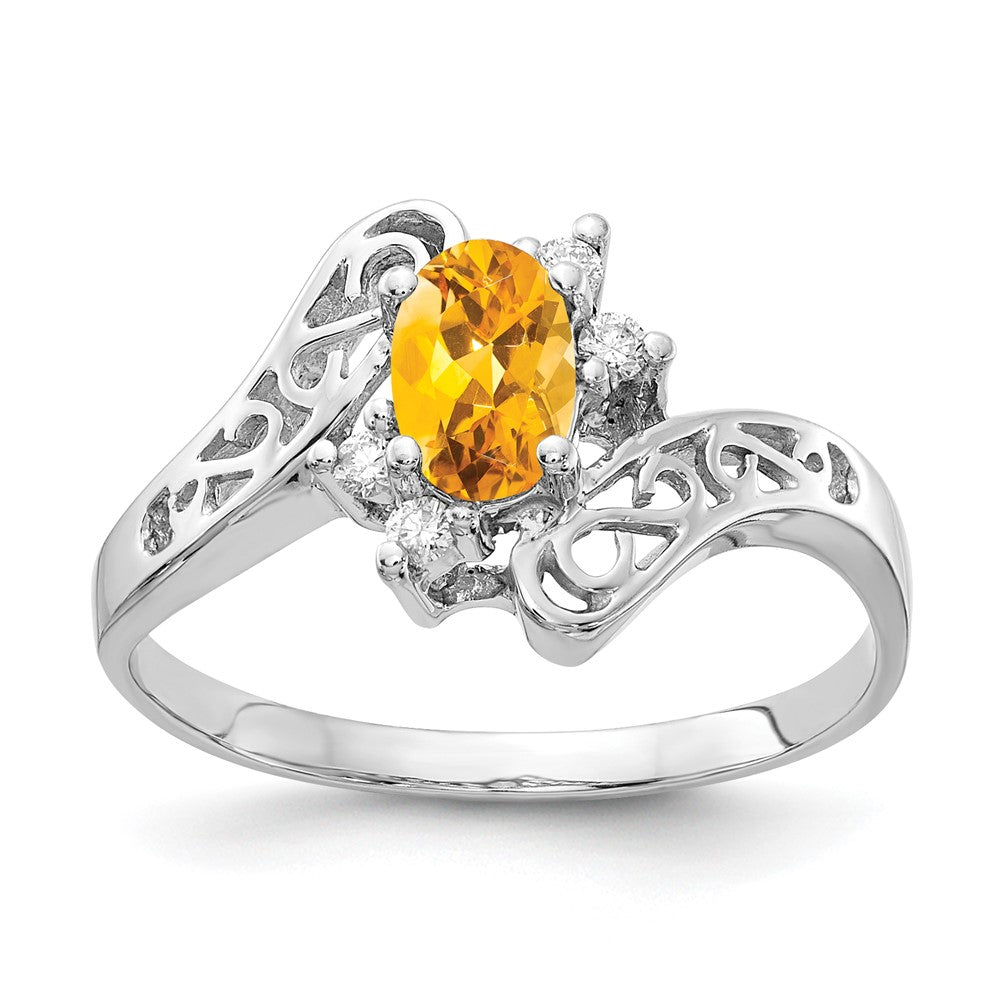 14k White Gold 6x4mm Oval Citrine AA Real Diamond ring