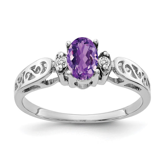 14k White Gold 6x4mm Oval Amethyst Checker AA Real Diamond ring