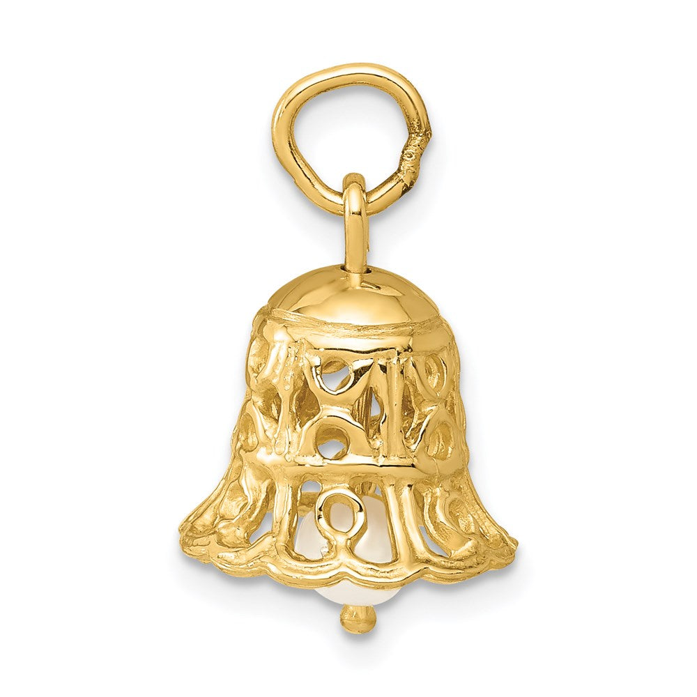 14k Yellow Gold 3D Wedding Bell w/ Fresh Water Cultured Pearl Charm