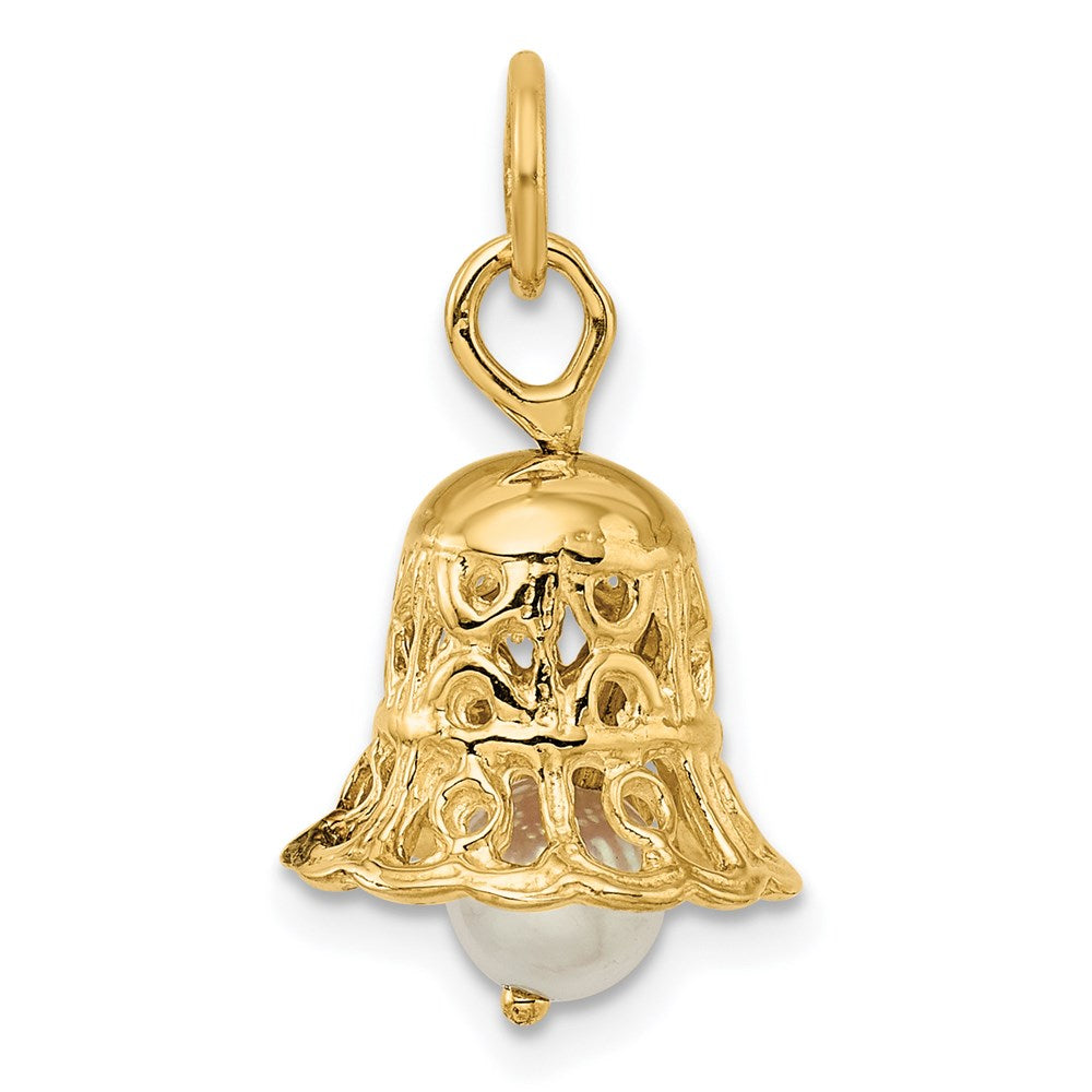 14k Yellow Gold 3D Wedding Bell w/ Fresh Water Cultured Pearl Charm