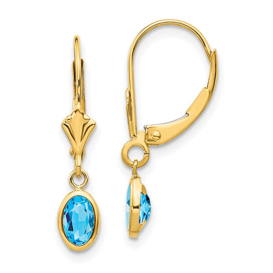 14k 6x4 Oval Bezel December/Blue Topaz Leverback Earrings