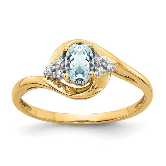 14K Yellow Gold Aquamarine and Real Diamond Ring