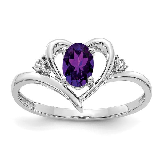 14k White Gold Amethyst and Real Diamond Heart Ring