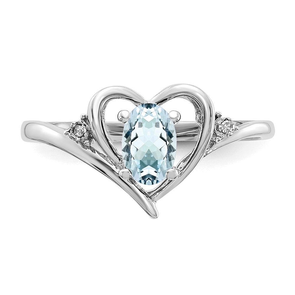 14k White Gold Aquamarine and Real Diamond Heart Ring