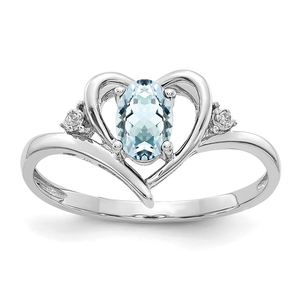 14k White Gold Aquamarine and Real Diamond Heart Ring