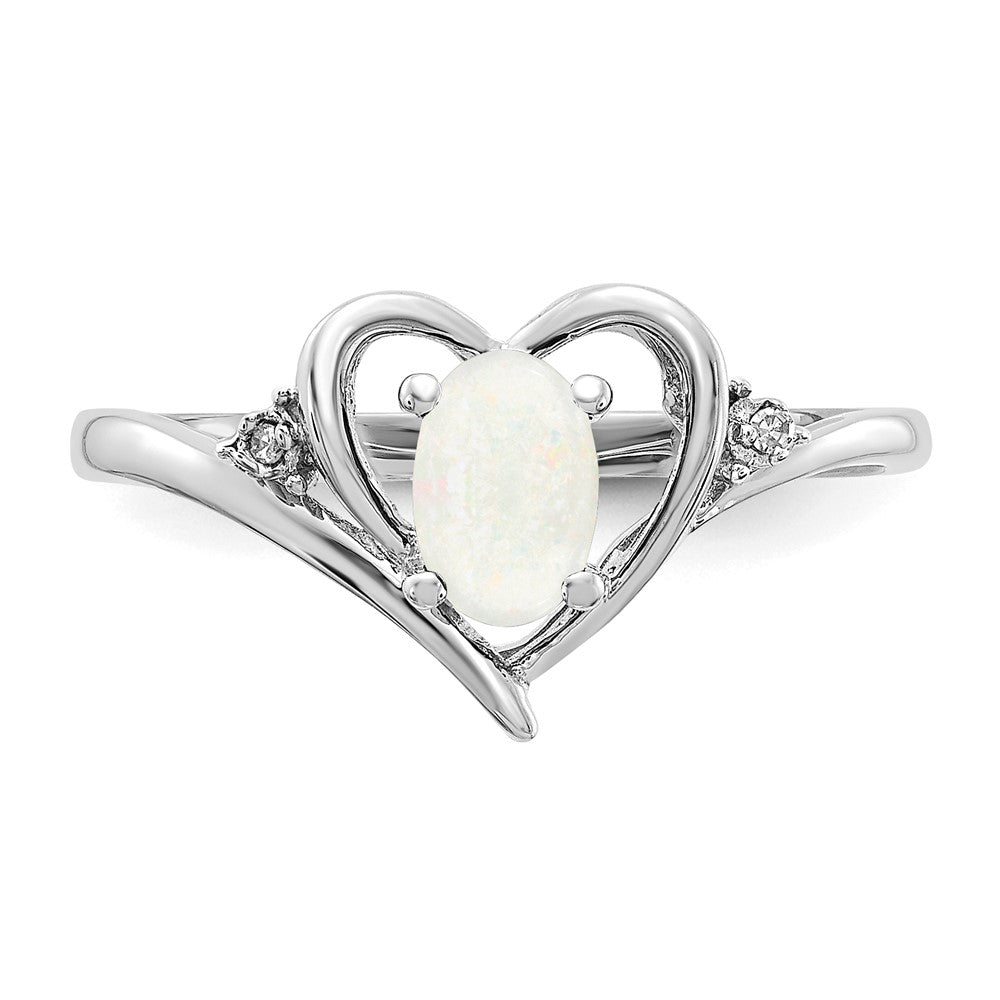 14k White Gold Opal and Real Diamond Heart Ring