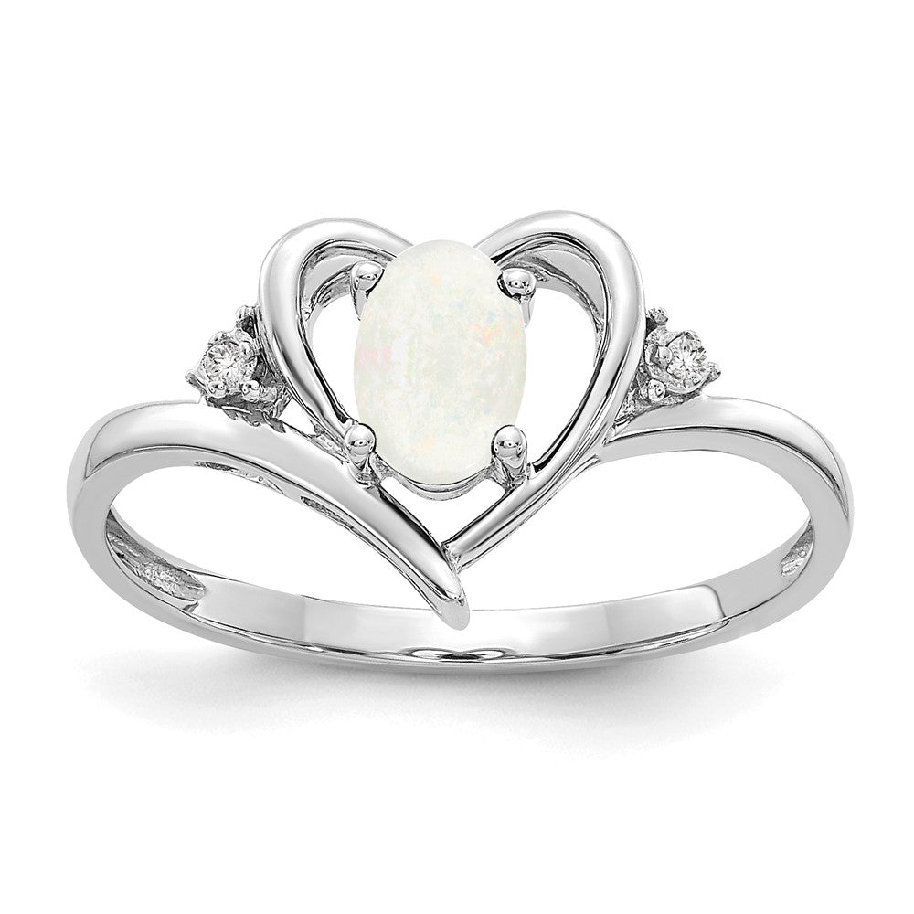 14k White Gold Opal and Real Diamond Heart Ring