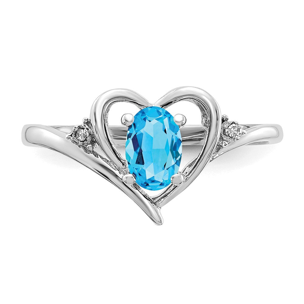 14k White Gold Blue Topaz and Real Diamond Heart Ring