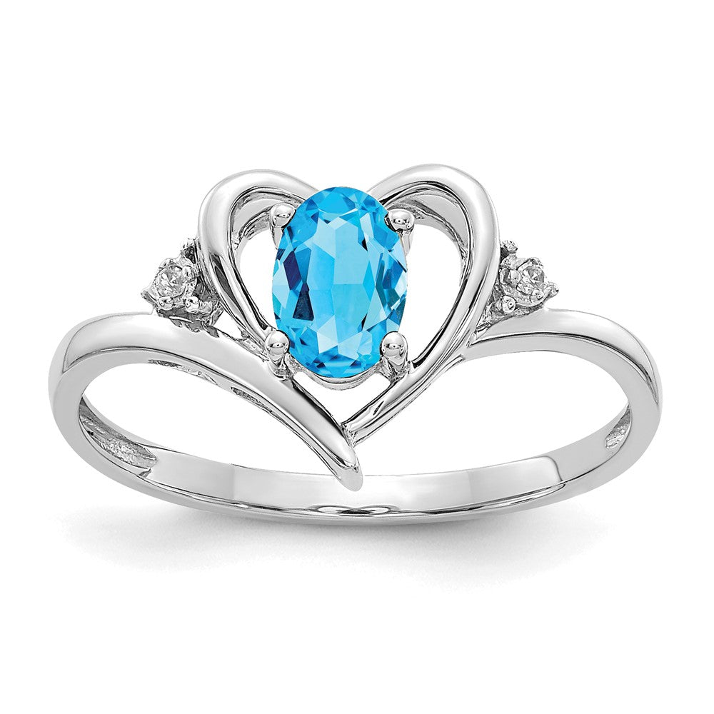 14k White Gold Blue Topaz and Real Diamond Heart Ring