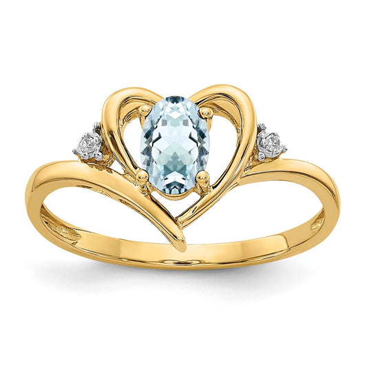 14K Yellow Gold Aquamarine and Real Diamond Heart Ring