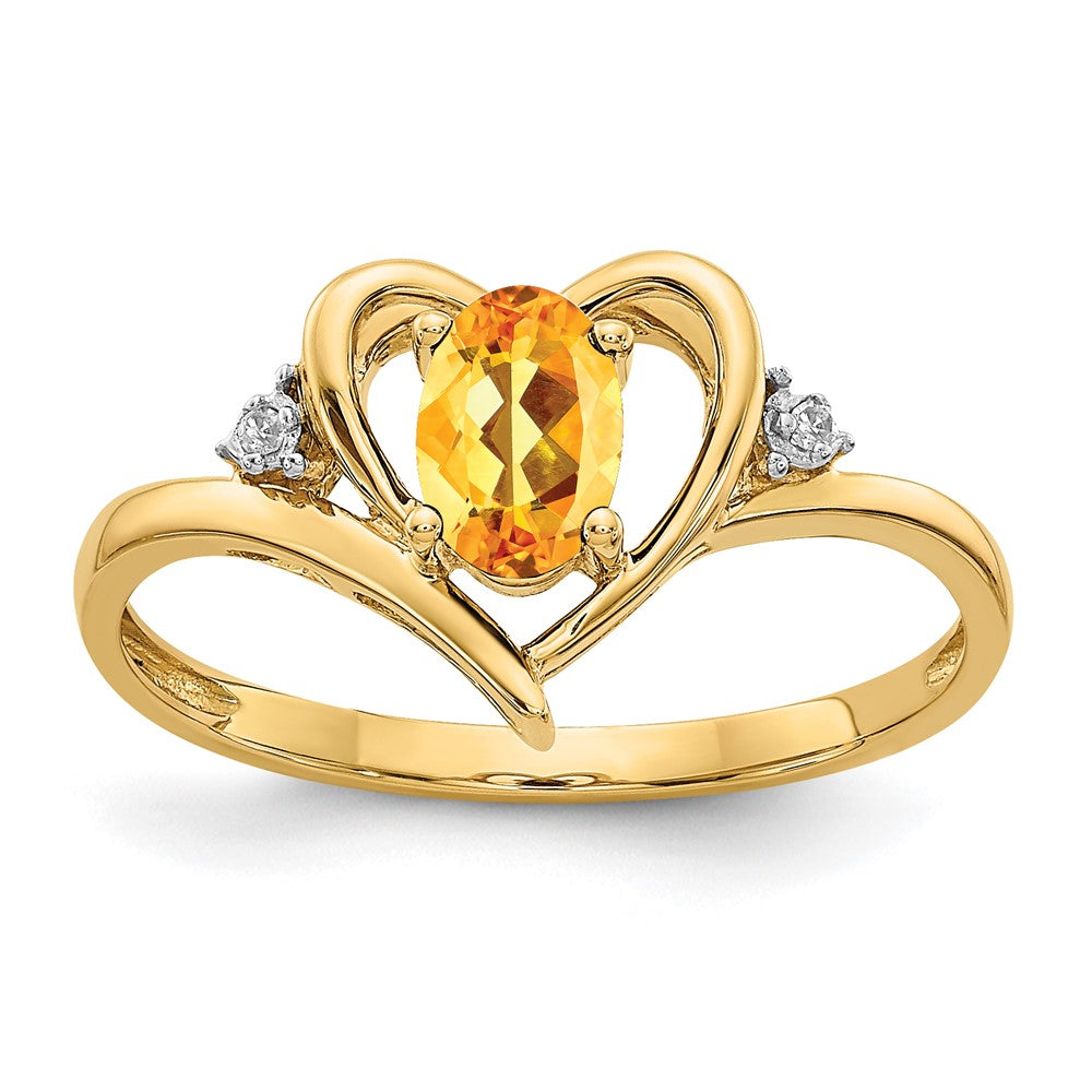 14K Yellow Gold Citrine and Real Diamond Heart Ring