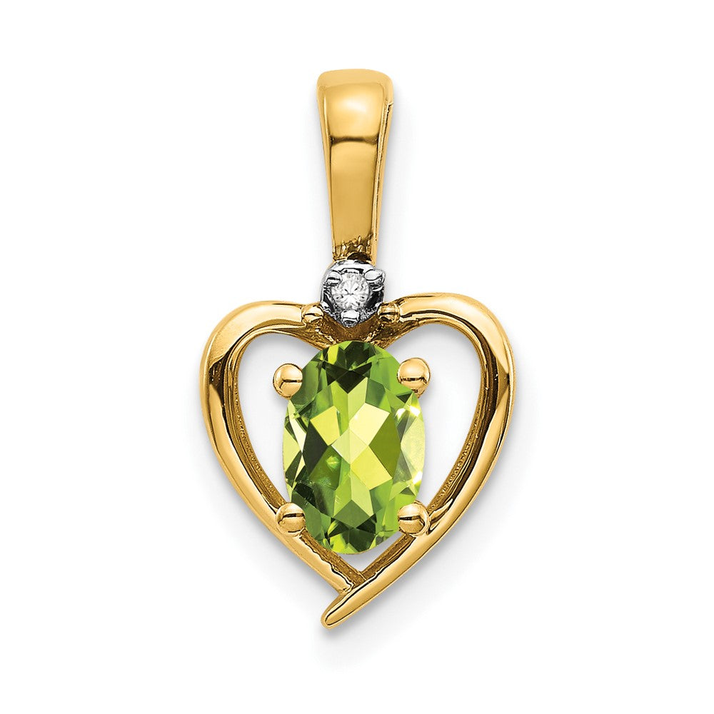 Natural Diamond and Oval Peridot Heart Love Chain Slide Pendant in Solid 14K Yellow Gold