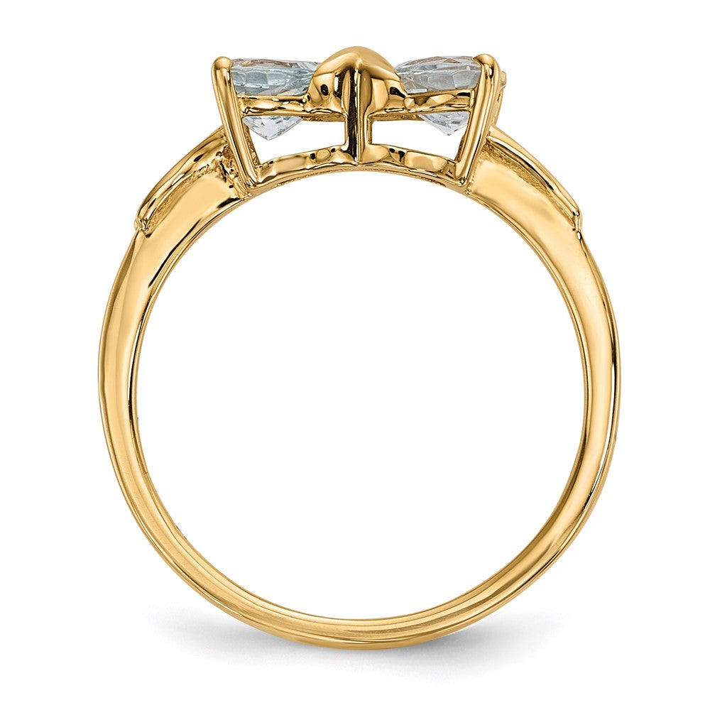 Solid 14k Yellow Gold Polished Simulated Aquamarine Bow Ring