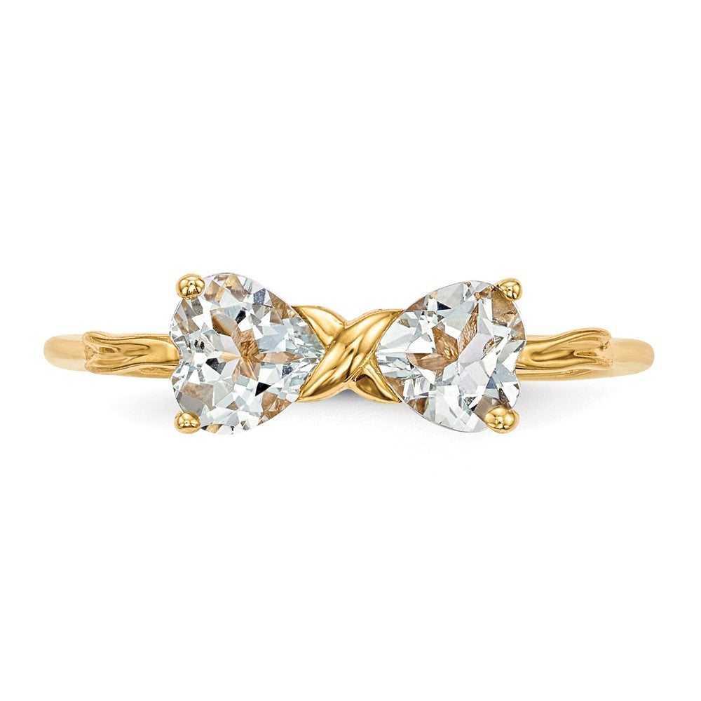 Solid 14k Yellow Gold Polished Simulated Aquamarine Bow Ring