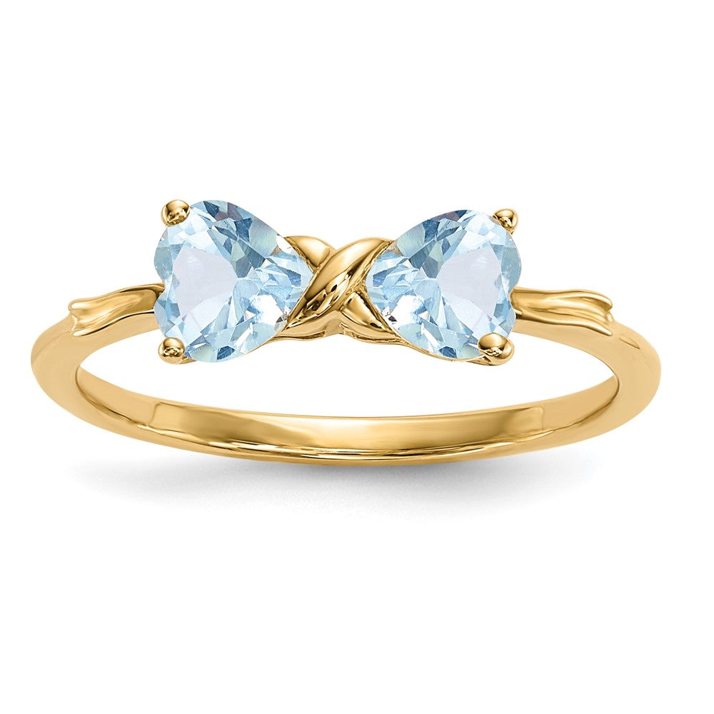 Solid 14k Yellow Gold Polished Simulated Aquamarine Bow Ring