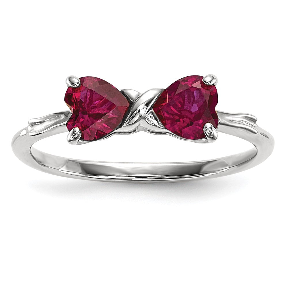 14k White Gold Polished Created Ruby Bow Ring