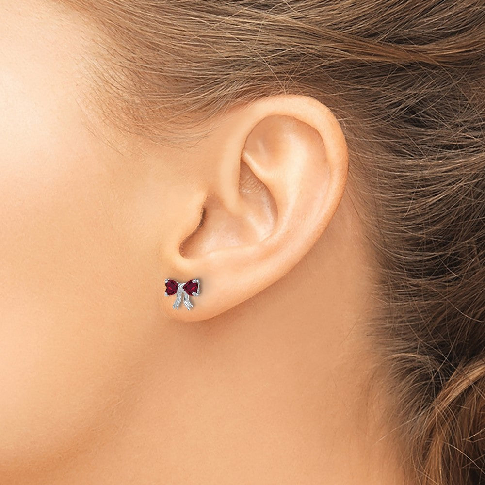 14k White Gold Polished Created Ruby Bow Post Earrings