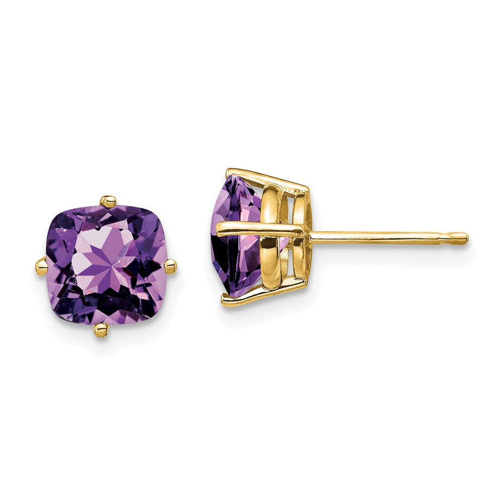 14k Yellow Gold 7x7mm Cushion Amethyst Earrings