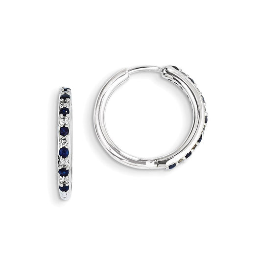 14k White Gold Real Diamond & Sapphire Hinged Hoop Earrings