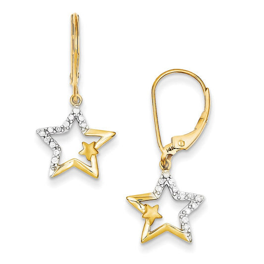 14k Yellow Gold with Rhodium Real Diamond Simply Starz Leverback Earrings