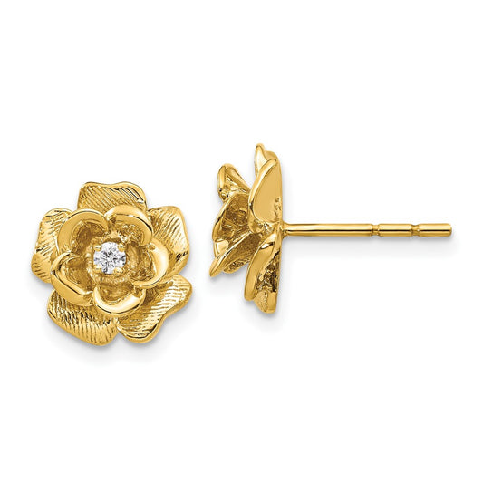 Solid 14k Yellow Gold Antique Flower Design Simulated CZ Stud Earrings