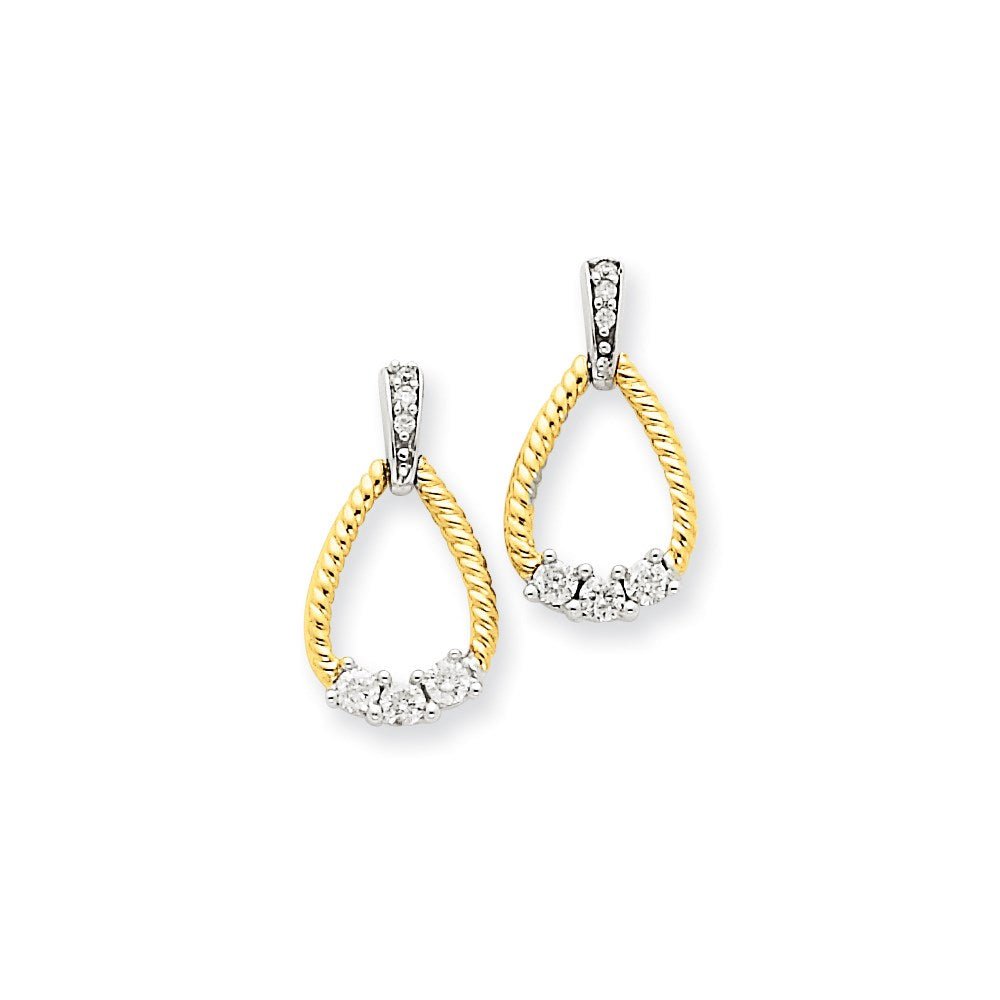 14k Yellow Gold Two-tone Real Diamond Teardrop Post Dangle Earrings