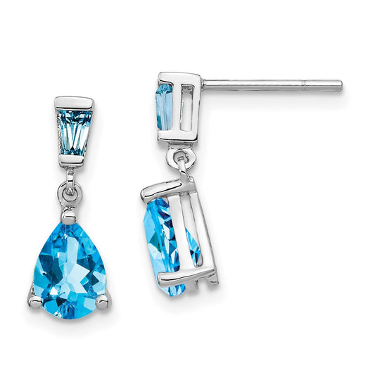 Solid 14k White Gold Simulated Blue Topaz Dangle Post Earrings