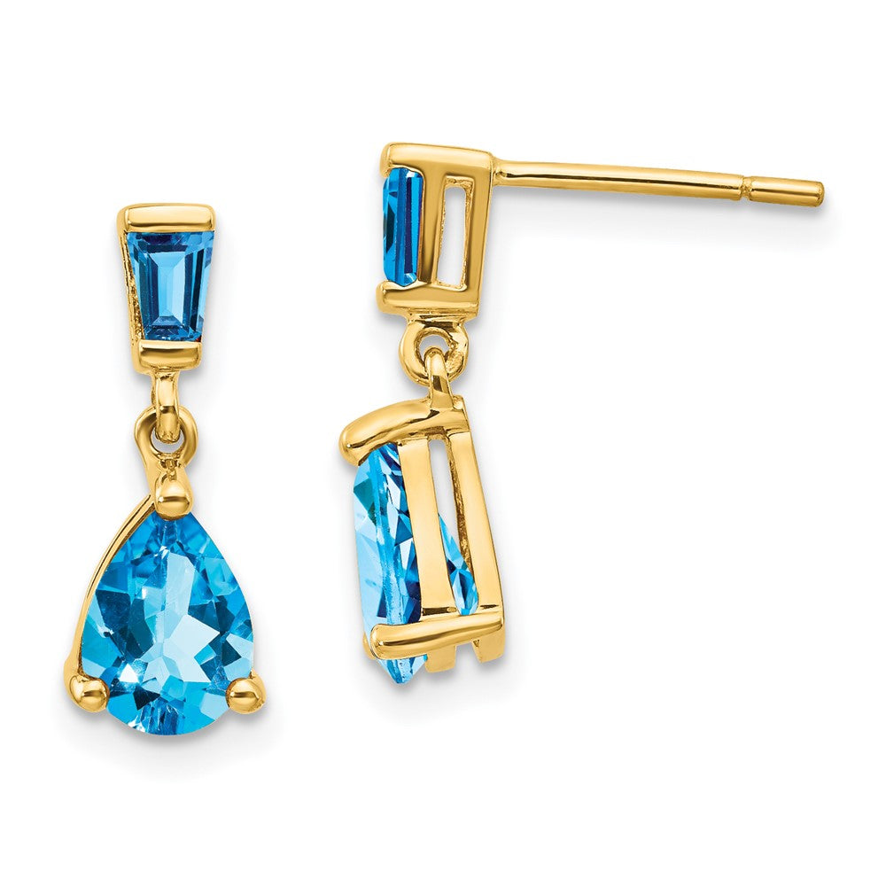 Solid 14k Yellow Gold Simulated Blue Topaz Dangle Post Earrings