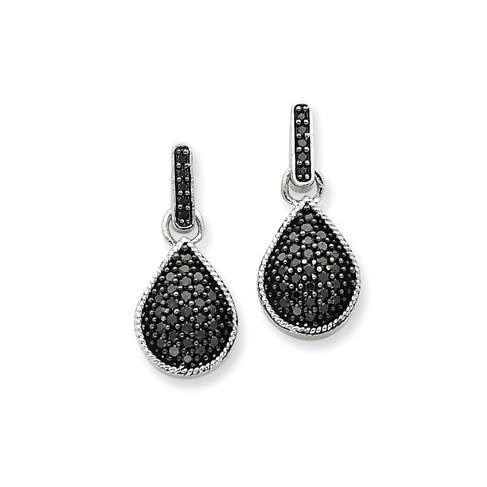 14K White Gold Real Diamond Black Teardrop Dangle Post Earrings