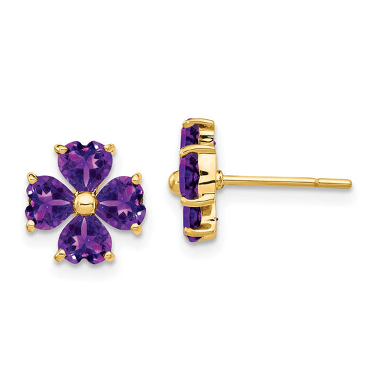 Solid 14k Yellow Gold Heart-shaped Simulated Amethyst Flower Post Earrings