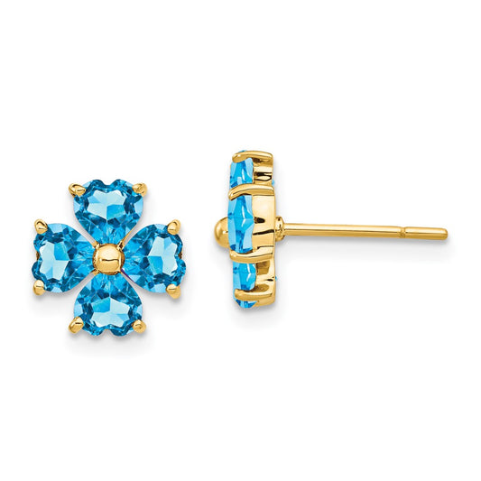 14k Yellow Gold Heart-shaped Swiss Blue Topaz Flower Post Earrings