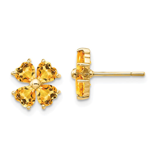 Solid 14k Yellow Gold Heart-shaped Simulated Citrine Flower Post Earrings