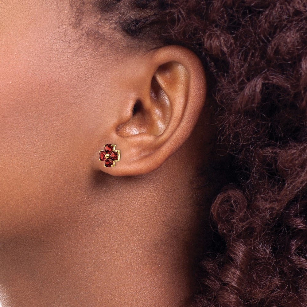 14k Yellow Gold Heart-shaped Garnet Flower Post Earrings