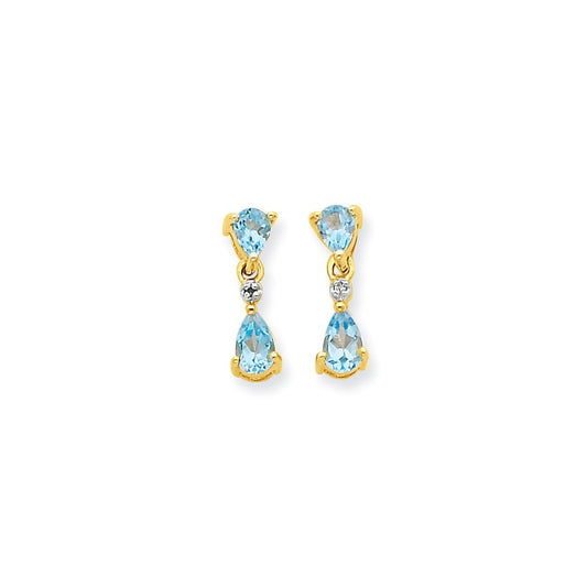 14k Yellow Gold & Rhodium Double Pear Blue Topaz & Real Diamond Dangle Earrings