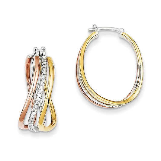 14k Yellow Gold Tri-color Gold Real Diamond Hoop Earrings