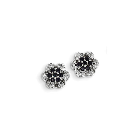 14K White Gold Real Diamond & Sapphire Flower Post Earrings