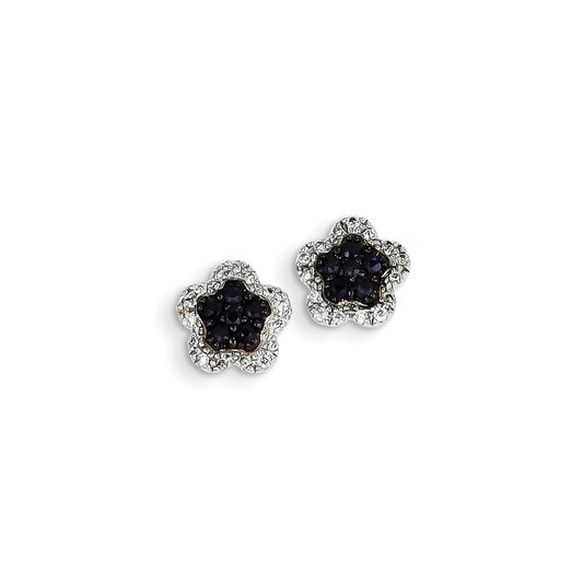 14K White Gold Real Diamond & Sapphire Flower Post Earrings