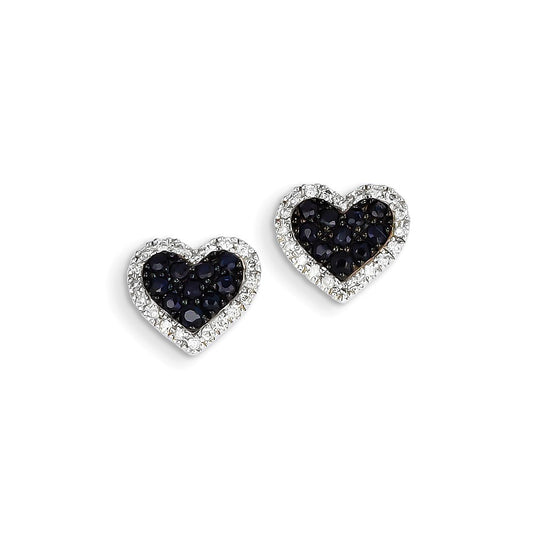 14K White Gold Real Diamond & Sapphire Heart Post Earrings