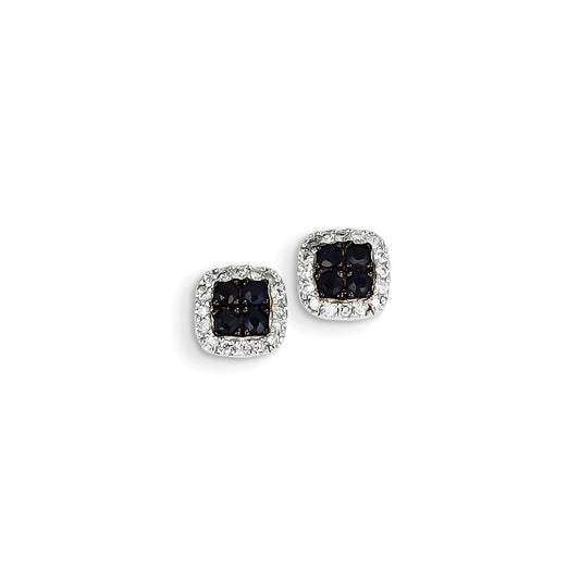 14K White Gold Real Diamond & Sapphire Square Post Earrings