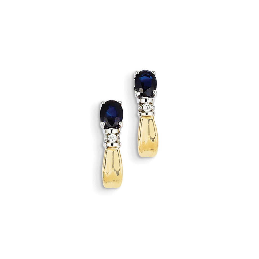 14k Yellow Gold Two-tone Real Diamond & Sapphire J Hoop Post Earrings