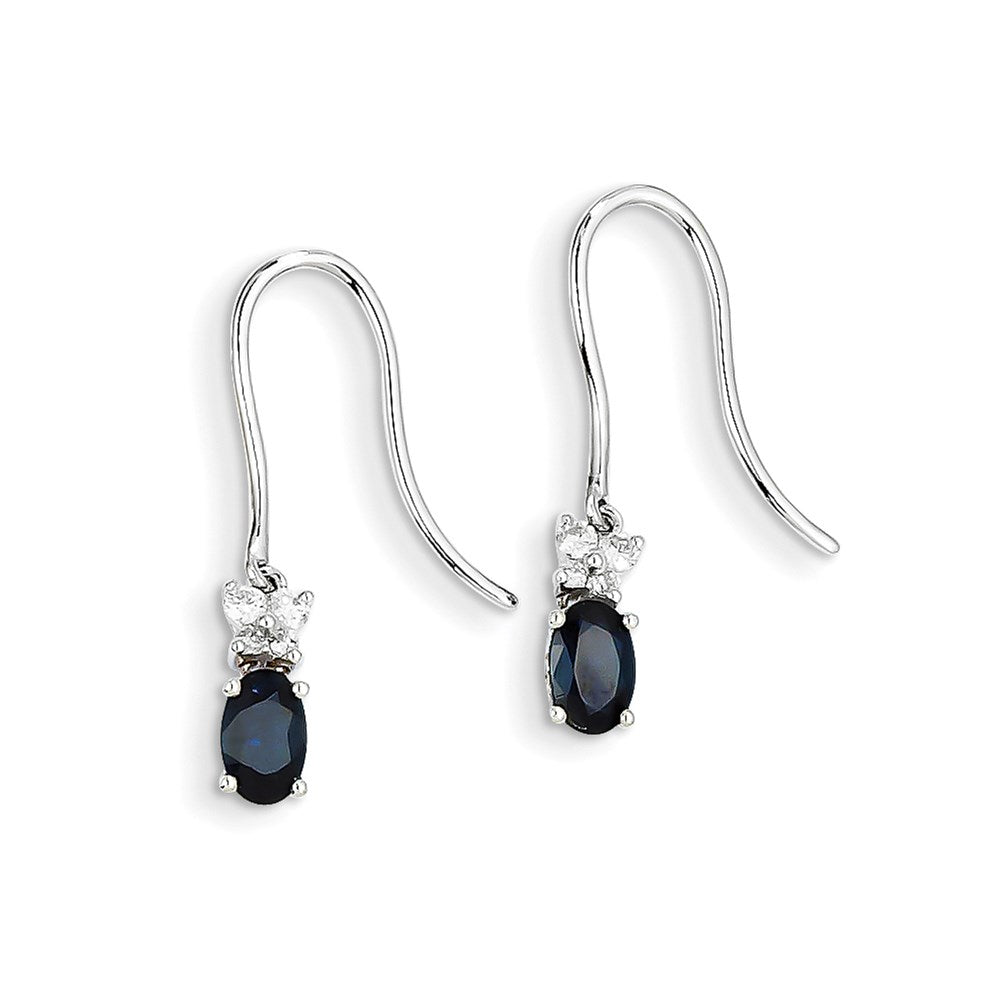 14K White Gold Real Diamond & Sapphire Shepherd Hook Earrings