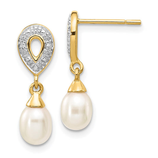 14k Yellow Gold 7x5mm White Teardrop FWC Pearl .01ct Real Diamond Dangle Earrings