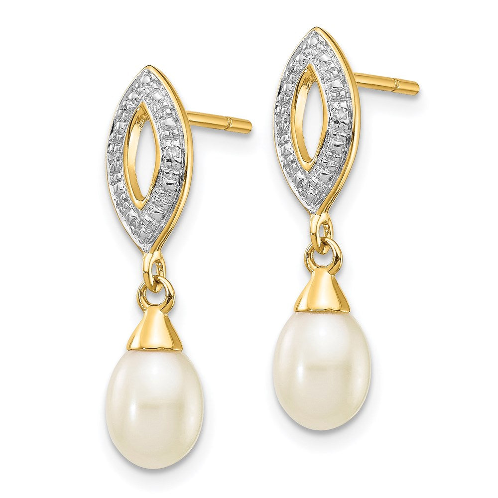 14k Yellow Gold 7x5mm White Teardrop FWC Pearl .01ct Real Diamond Dangle Earrings