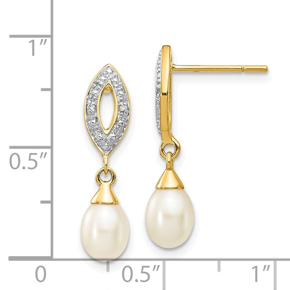 14k Yellow Gold 7x5mm White Teardrop FWC Pearl .01ct Real Diamond Dangle Earrings